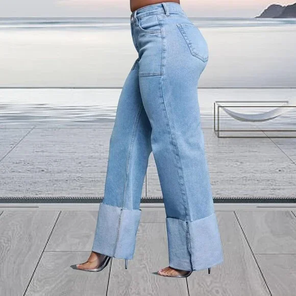 Women's Wide Leg Stretch Jeans High Waisted Baggy Casual Denim Pants - Picture 3 of 7